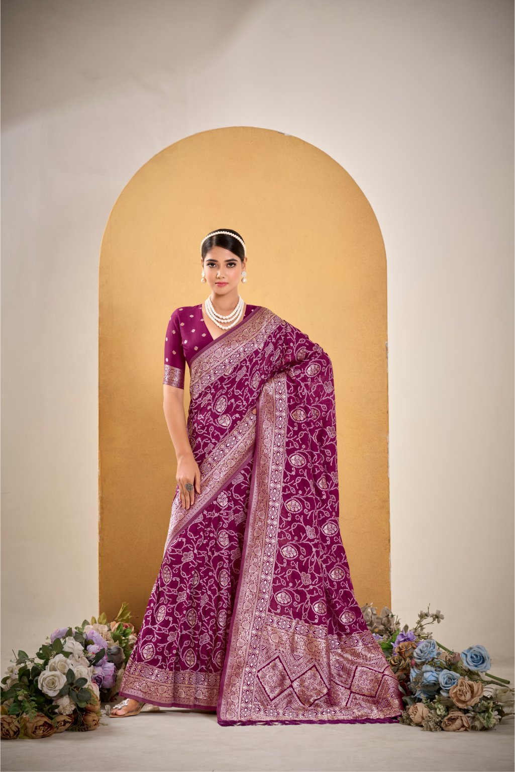 Bandhani Zari Pure Crepe Saree