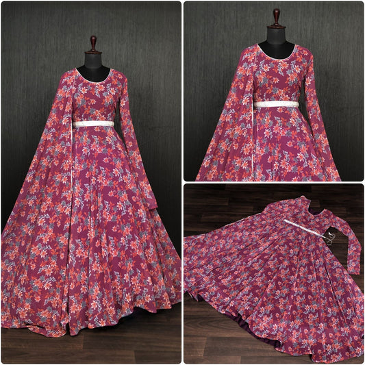 Floral Print Party Wear Printed Georgette Gown Wholesale