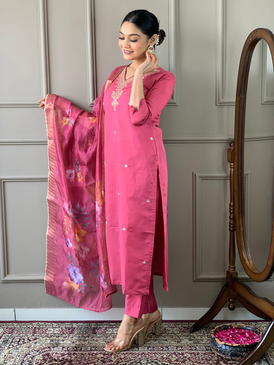 Women Embroidered Straight Kurta Set