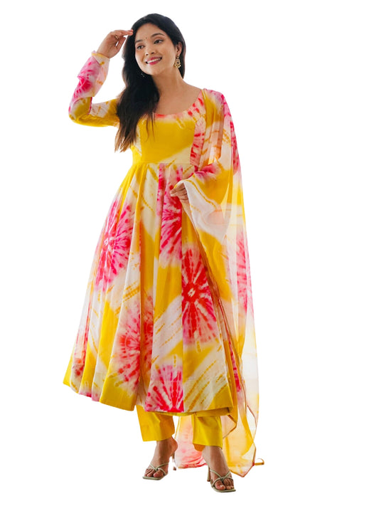 Tie & Dyed Flared Kurta & Pants with Dupatta Set