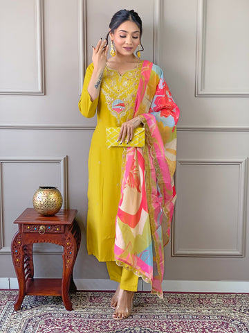 Women Embroidered Viscose kurta pant dupatta set