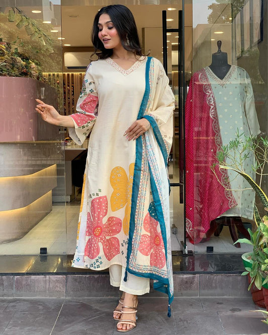 Beautiful White Heavy Floral Suit With Dupatta