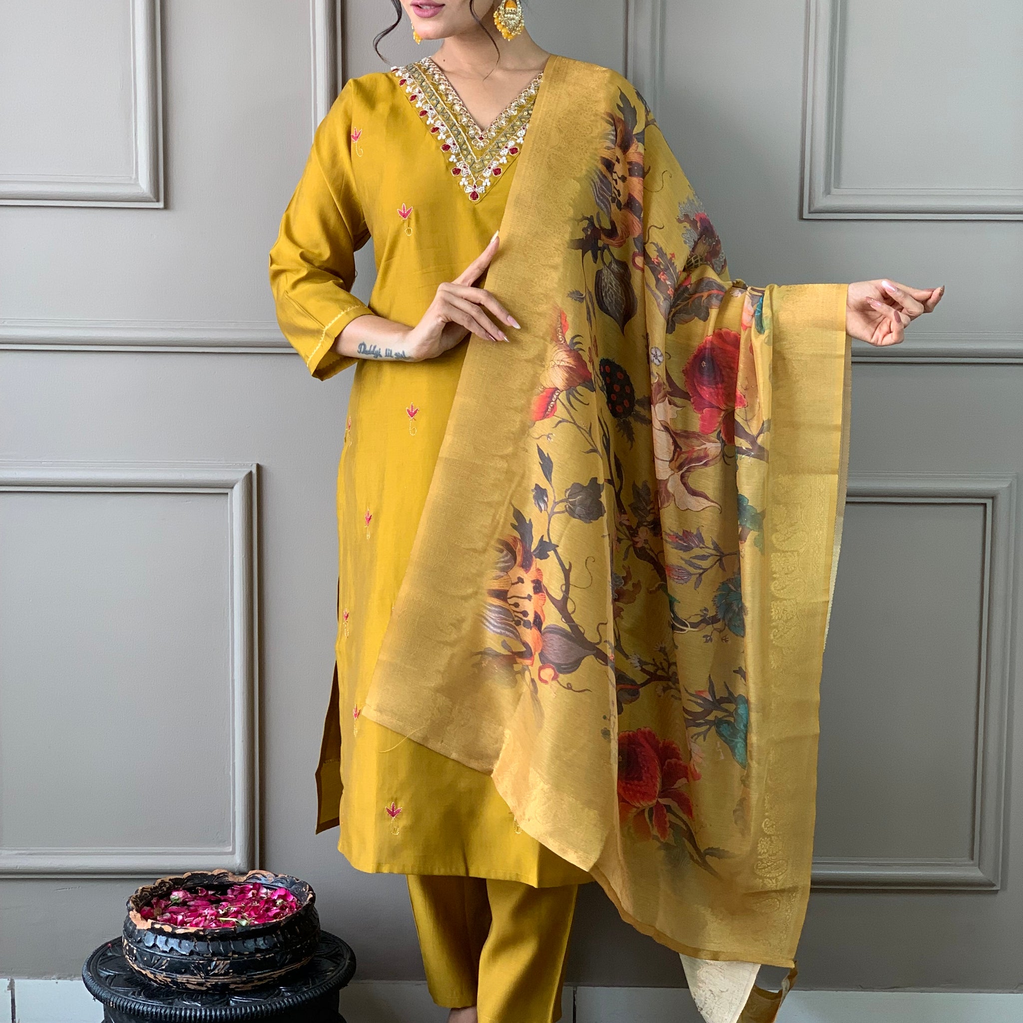 Women Embroidered Straight Kurta with Pants & Dupatta