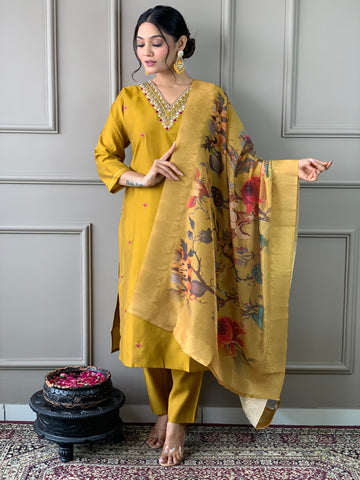 Women Embroidered Straight Kurta with Pants & Dupatta