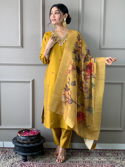 Women Embroidered Straight Kurta with Pants & Dupatta