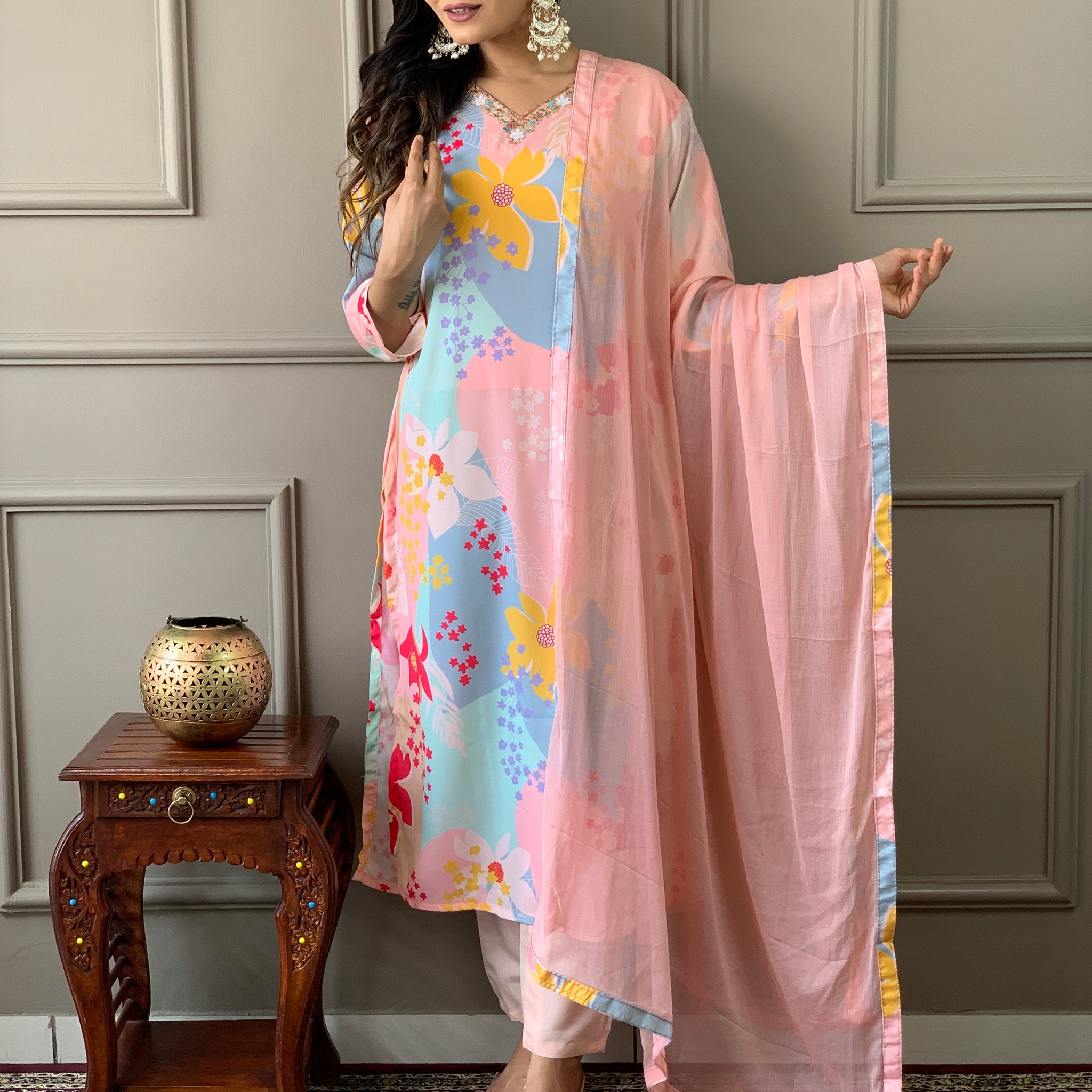 Women Floral Straight Kurta Pants Set with Dupatta