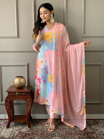 Women Floral Straight Kurta Pants Set with Dupatta