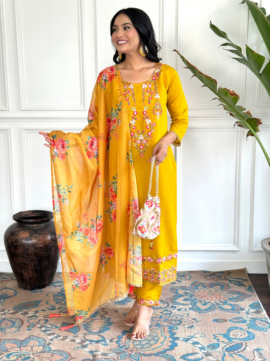 Women Floral Print A-Line Kurta Pants Set with Dupatta