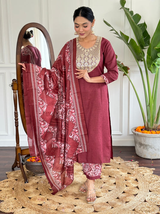 Floral Embroidered Sequinned Straight Kurta with Trousers & Dupatta