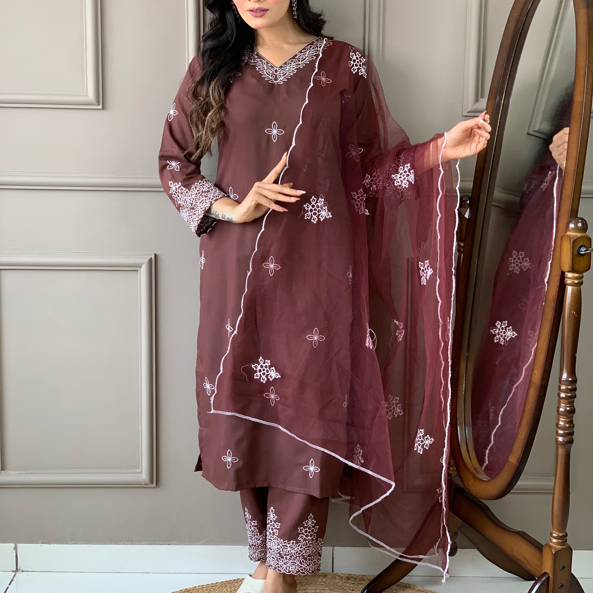 Women Embroidered Straight Kurta with Pants & Dupatta