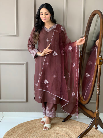 Women Embroidered Straight Kurta with Pants & Dupatta