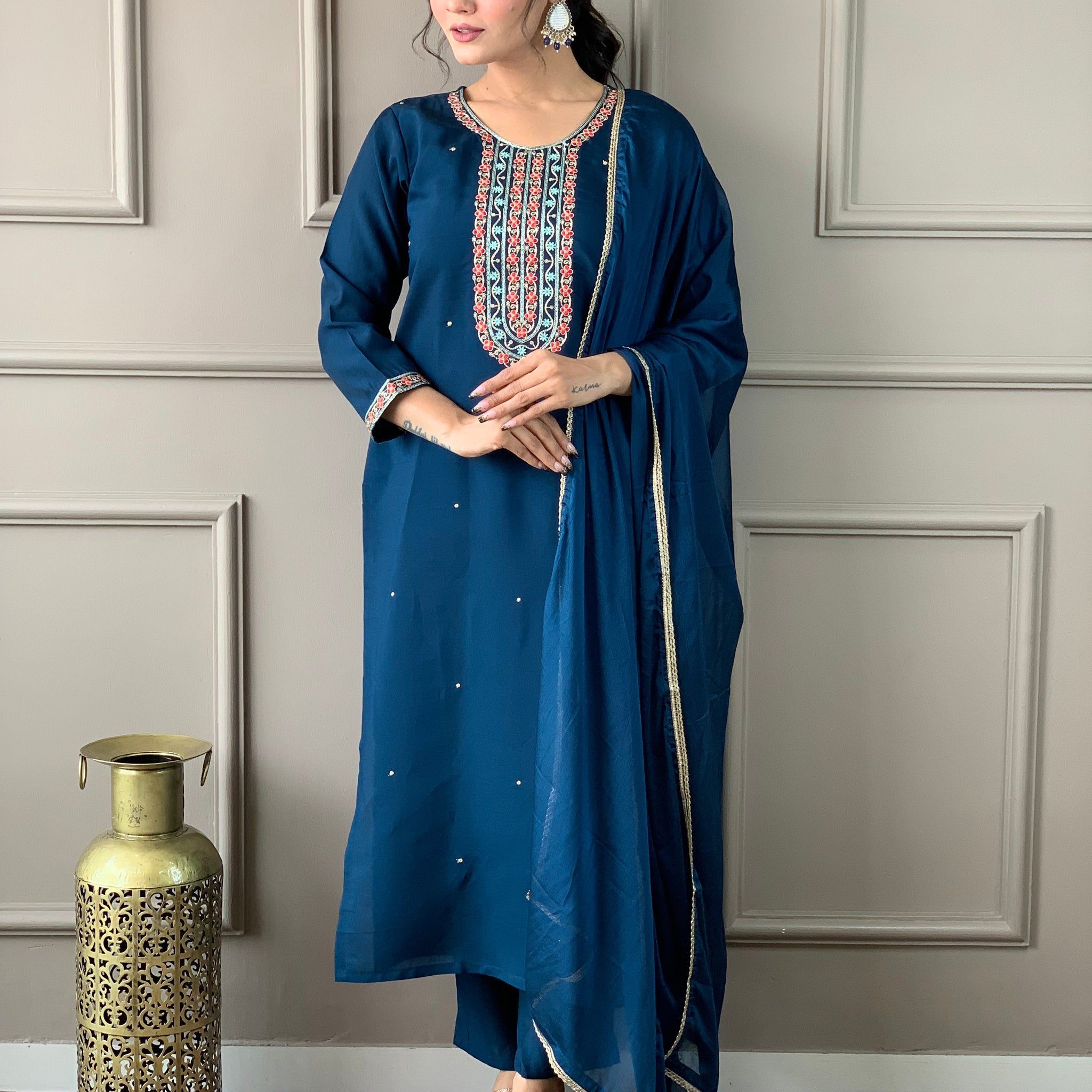 Women Embroidered Straight Kurta Set with Dupatta