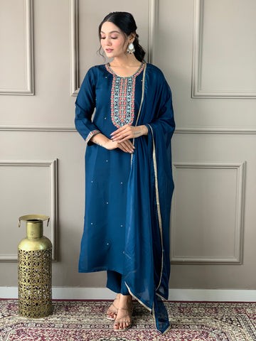 Women Embroidered Straight Kurta Set with Dupatta