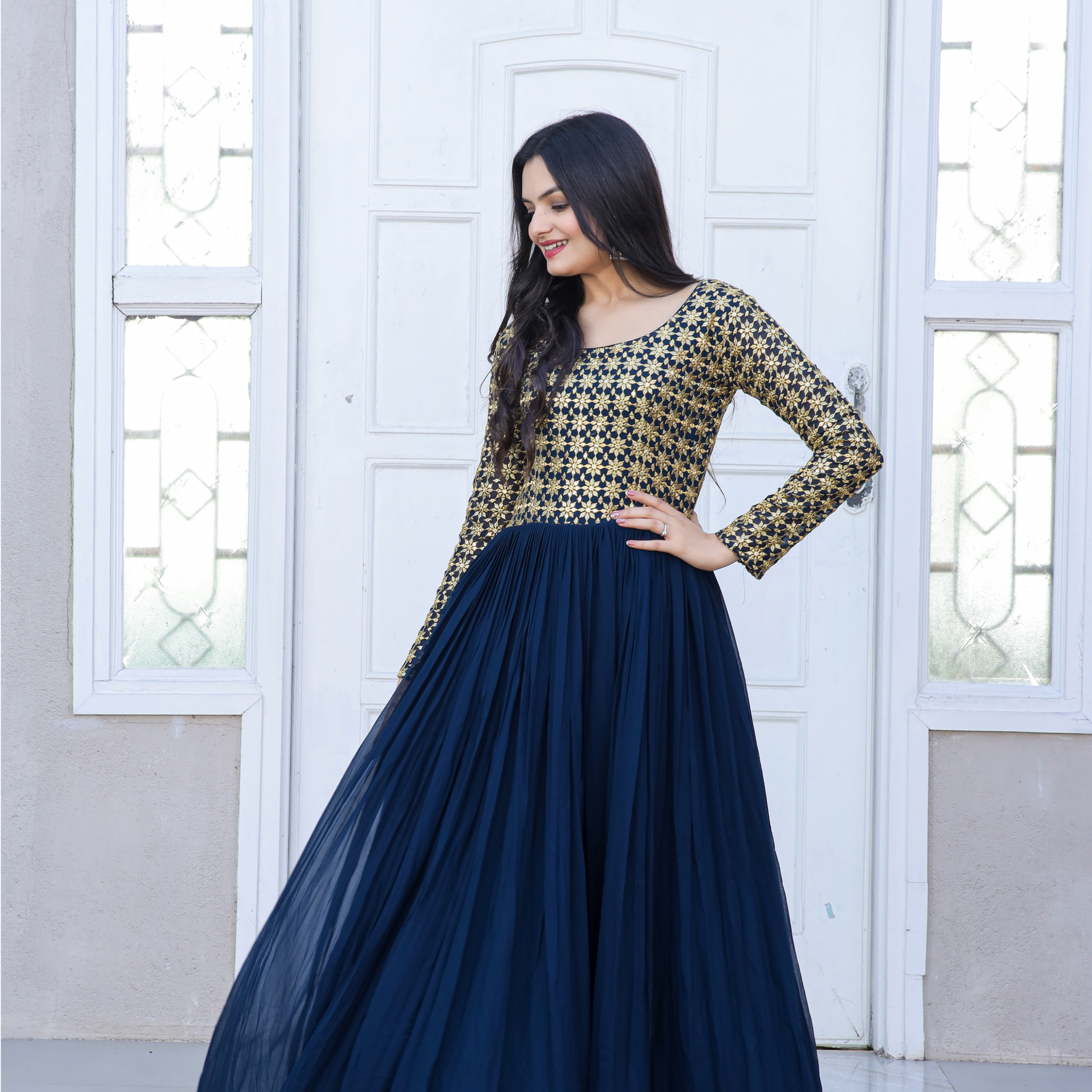 Beautiful Neck pattern Navy Blue Sequence Work Gown