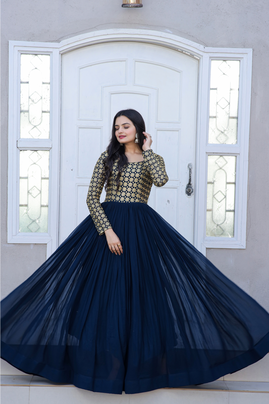 Beautiful Neck pattern Navy Blue Sequence Work Gown