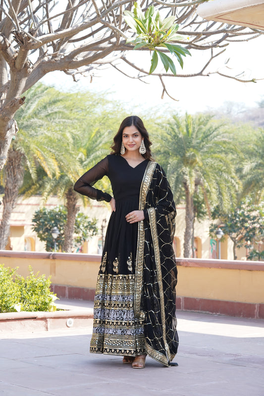 💃🏼 Graceful V-Neck Faux Blooming Gown with Dupatta With Attractive Jari and Thread Embroidered Sequins work with Lace Border. 👗