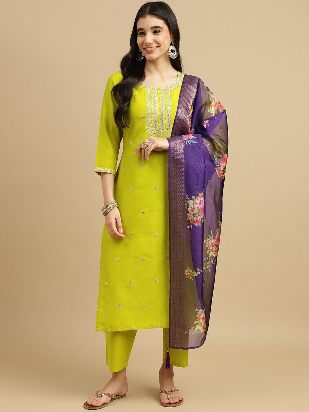 Regular Sequinned Kurta with Trouser & Dupatta