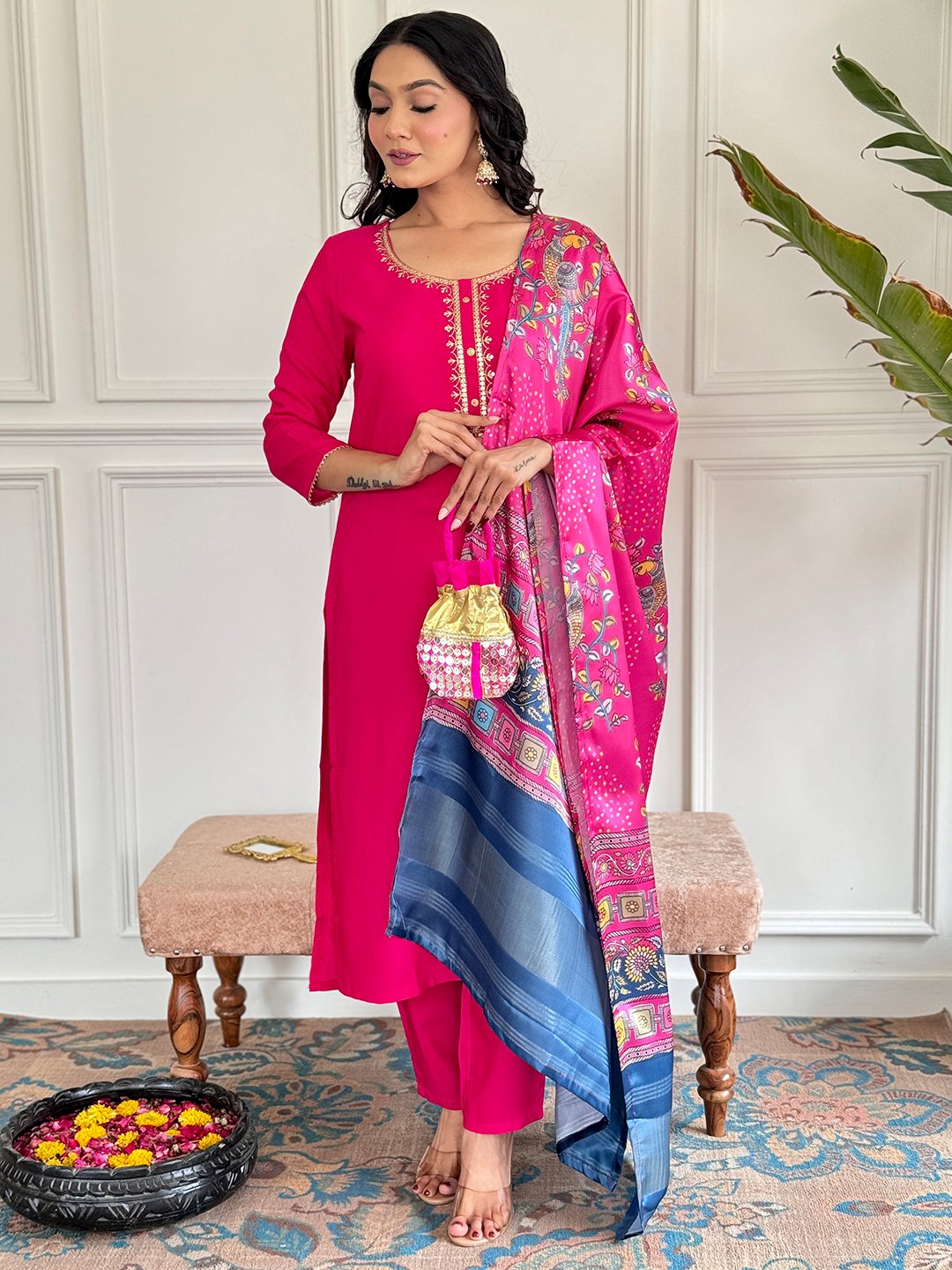 Pink Viscose Embroidered and Sequined Kurta Set with Matching Bottoms and Dupatta for a Glamorous Look