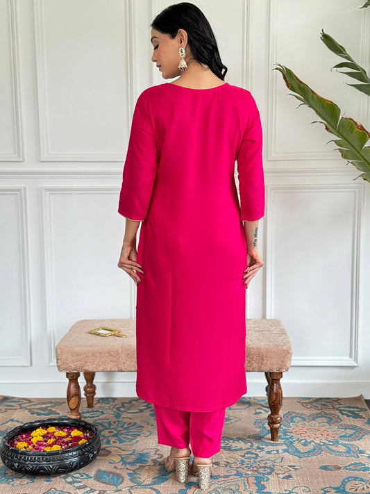 Pink Viscose Embroidered and Sequined Kurta Set with Matching Bottoms and Dupatta for a Glamorous Look