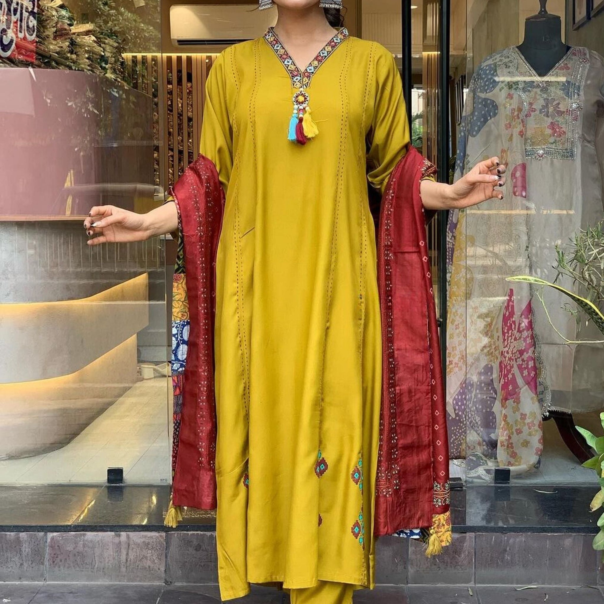 Mustard Chanderi Viscose Embroidered Kurta Set with Matching Bottoms and Dupatta for a Warm, Elegant Look