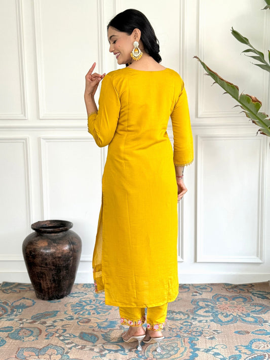 Yellow Chanderi Floral Embroidered Kurta Set with Matching Bottoms and Dupatta for a Bright and Elegant Look