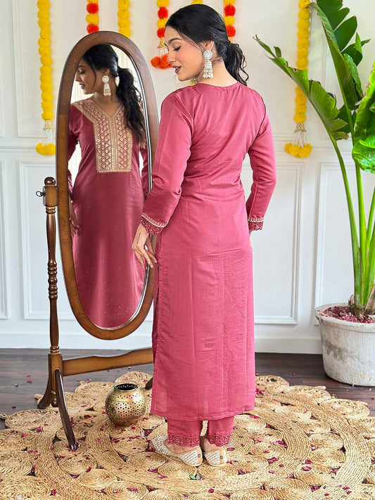 Onion Pink Viscose Chanderi Ethnic Embellished Sequined Kurta Set with Matching Bottoms and Dupatta for a Sophisticated and Glamorous Look