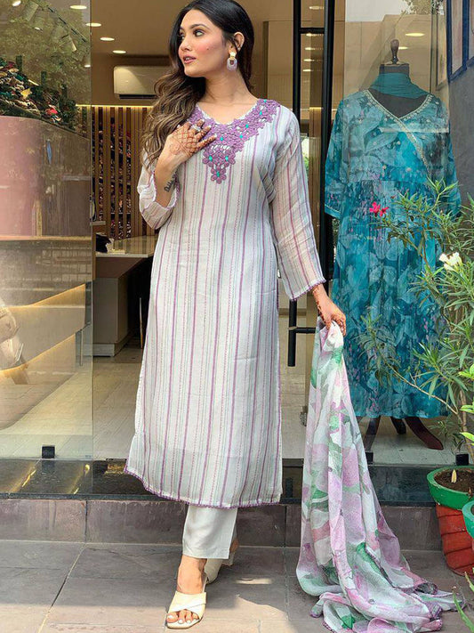 White Tebby Silk Stripes Patch Kurta Set with Matching Bottoms and Dupatta for a Chic and Contemporary Look