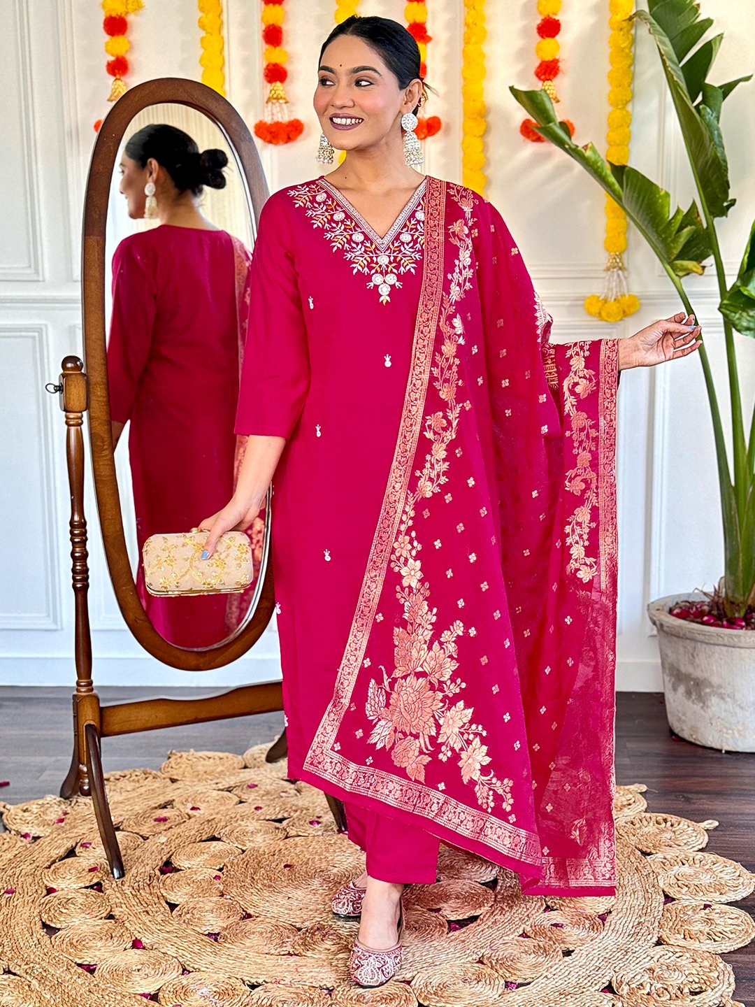 Pink Viscose Chanderi Floral Embroidered Kurta Set with Matching Bottoms and Dupatta for a Soft and Elegant Look