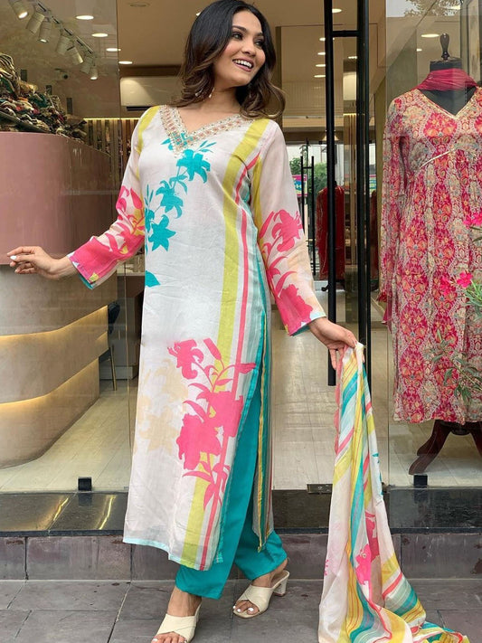 Multi-Color Organza Floral Printed Kurta Set with Matching Bottoms and Dupatta for a Vibrant and Graceful Look