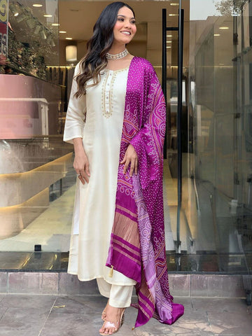 White Viscose Solid Plain Embellished Sequined Kurta Set with Matching Bottoms and Dupatta for a Timeless and Elegant Look