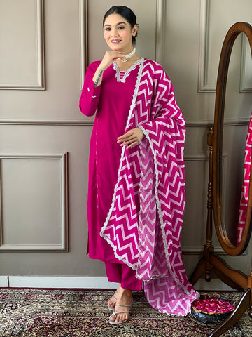 Women Embroidered Viscose Straight Kurta Pant Dupatta Set