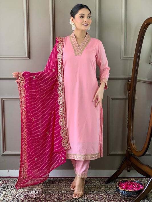 Women Embroidered Viscose Silk Blend kurta Pant Dupatta set