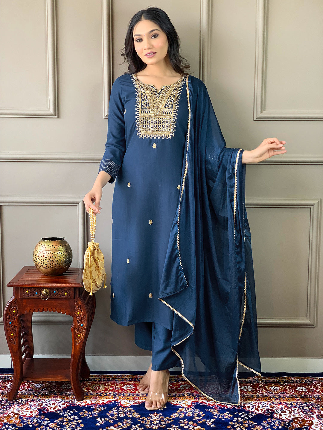 Women Embroidered Straight Kurta & Pants with Dupatta