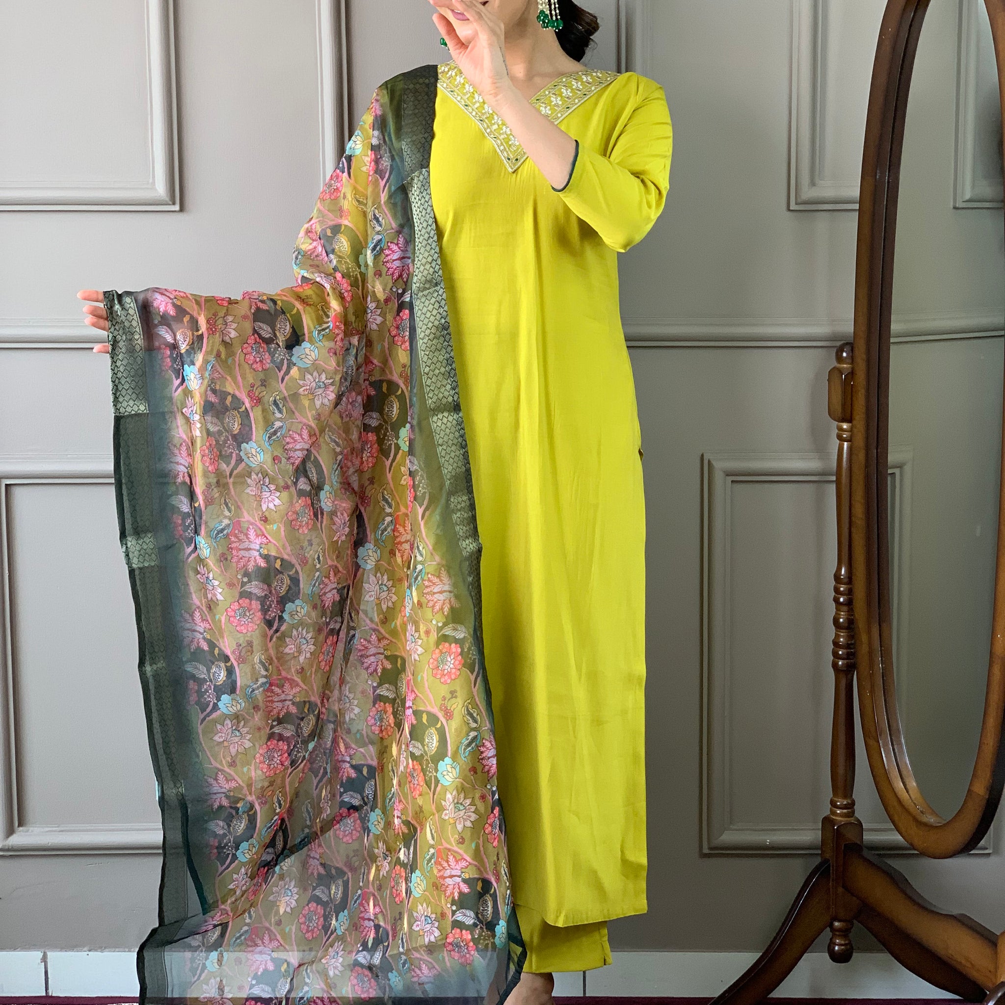 Women Embroidered Straight Kurta with Pants & Dupatta