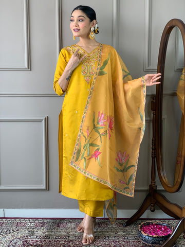 Women Embroidered Straight Kurta with Pants & Dupatta