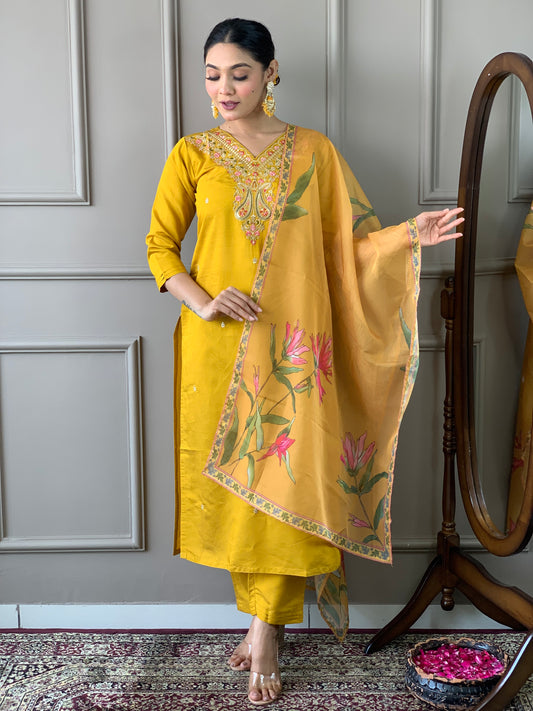 Women Embroidered Straight Kurta with Pants & Dupatta