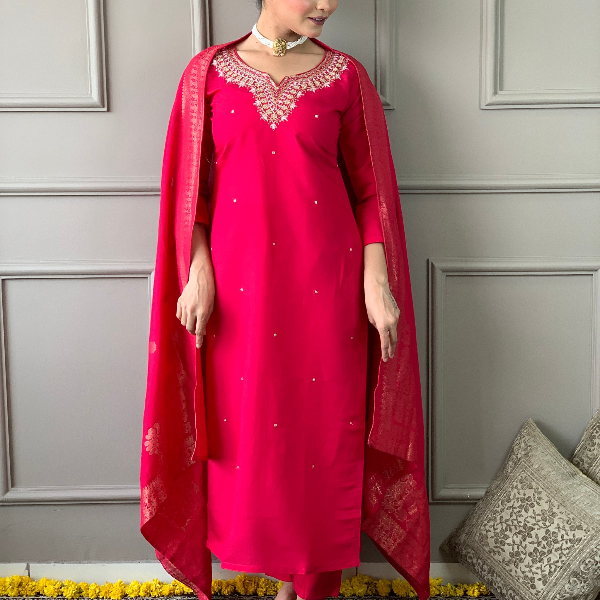 Women Embroidered Regular Sequinned Chanderi Silk Kurta with Trousers & With Dupatta