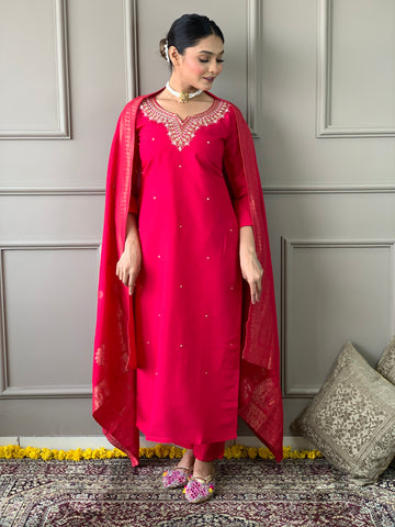 Women Embroidered Regular Sequinned Chanderi Silk Kurta with Trousers & With Dupatta