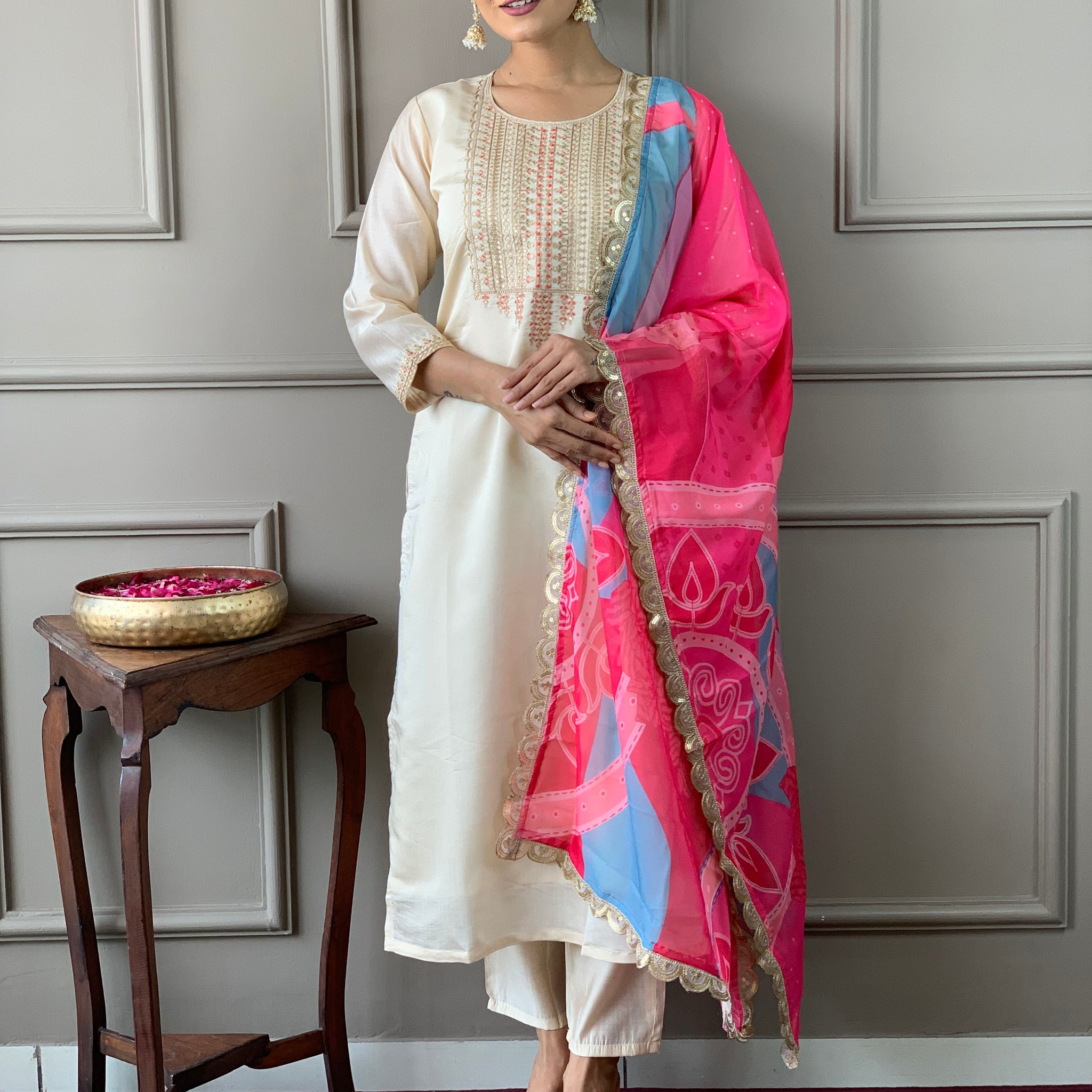 Yoke Design Regular Sequinned Chanderi Silk Straight Kurta With Trousers & Dupatta