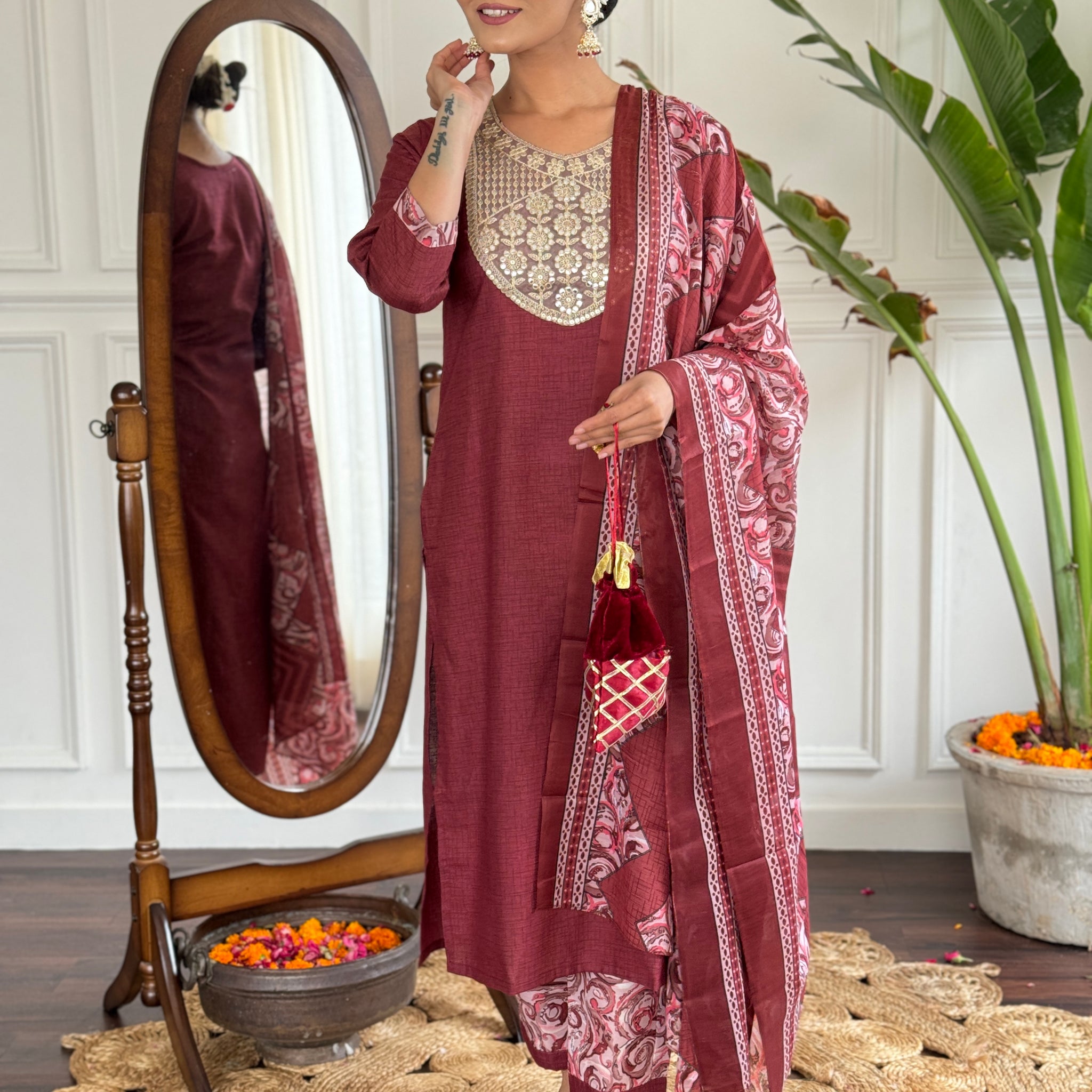 Floral Embroidered Sequinned Straight Kurta with Trousers & Dupatta