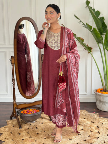 Floral Embroidered Sequinned Straight Kurta with Trousers & Dupatta