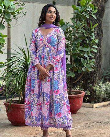 Women Embroidered Printed Muslin  kurta set