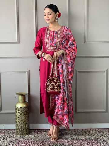 Floral Yoke Design Thread Work Straight Kurta with Trousers & Dupatta