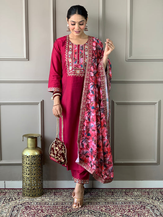 Floral Yoke Design Thread Work Straight Kurta with Trousers & Dupatta