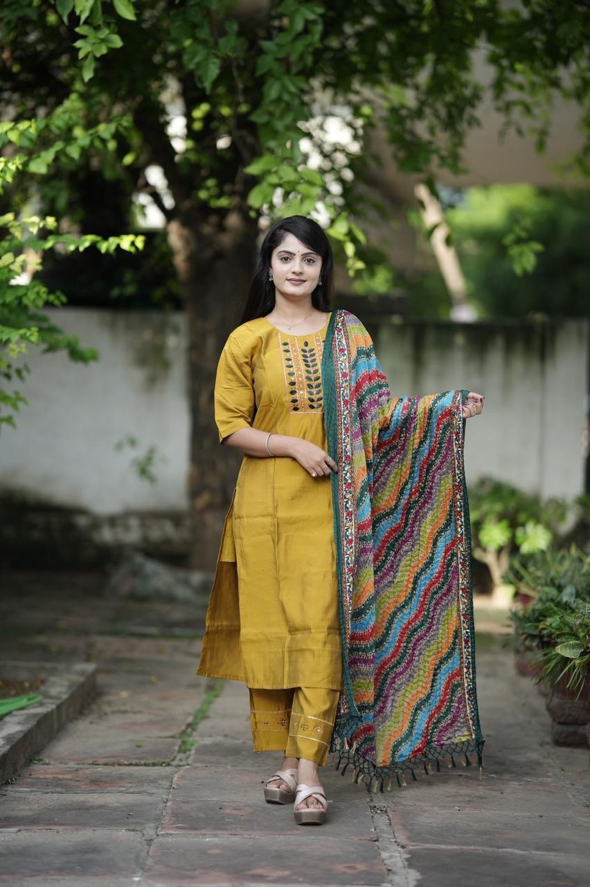 Handwork kurti with full inner, pant, and dupatta